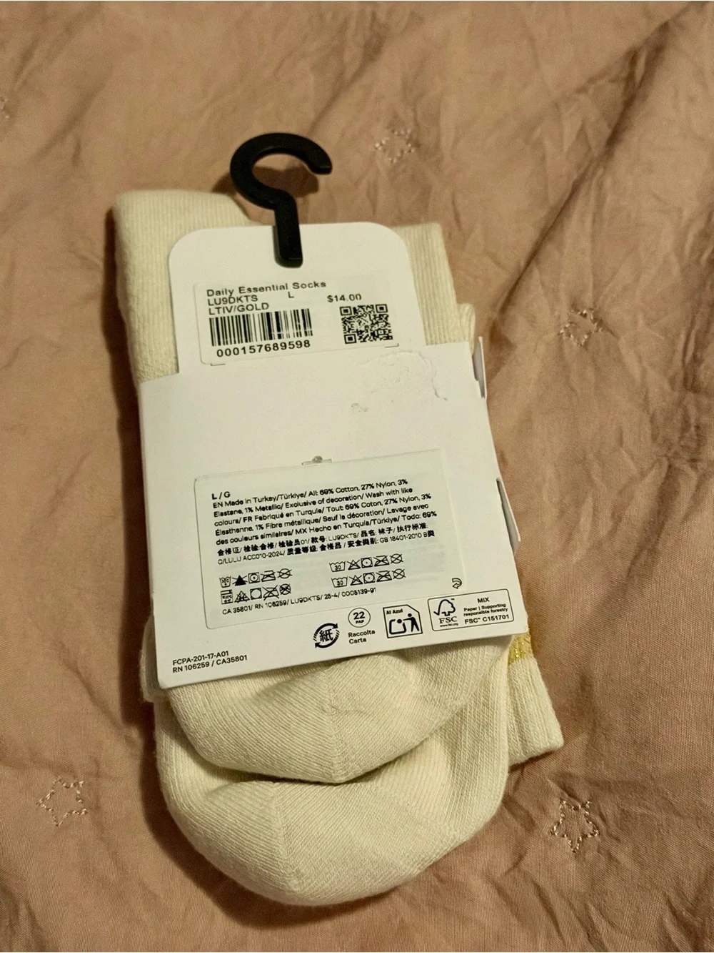 lululemon athletica unisex  Socks in Cream with Gold Stripes